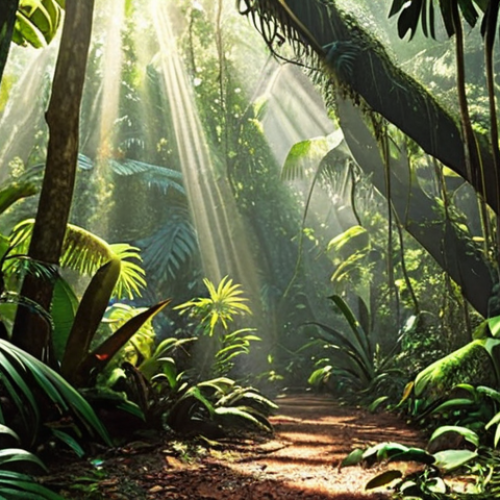 Home 4 **
A lush, vibrant image of the Mata Atlântica rainforest in Brazil. Focus on the sensory details mentioned in the text: dappled sunlight filtering through dense foliage, rich, damp earth, and colorful birds. Consider a slightly painterly or impressionistic style to evoke the immersive feeling of being there.
**