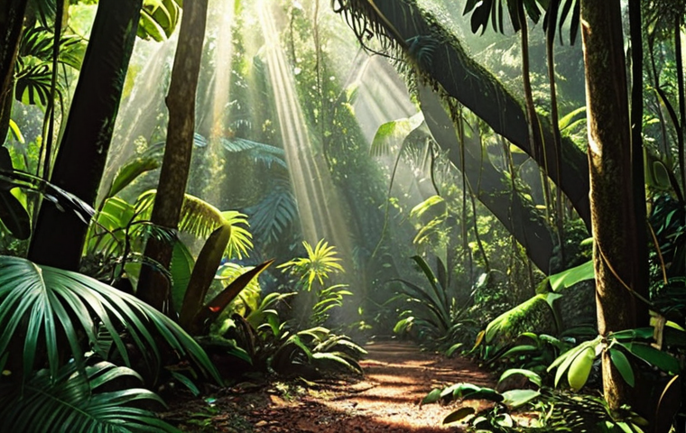 **
A lush, vibrant image of the Mata Atlântica rainforest in Brazil. Focus on the sensory details mentioned in the text: dappled sunlight filtering through dense foliage, rich, damp earth, and colorful birds. Consider a slightly painterly or impressionistic style to evoke the immersive feeling of being there.
**